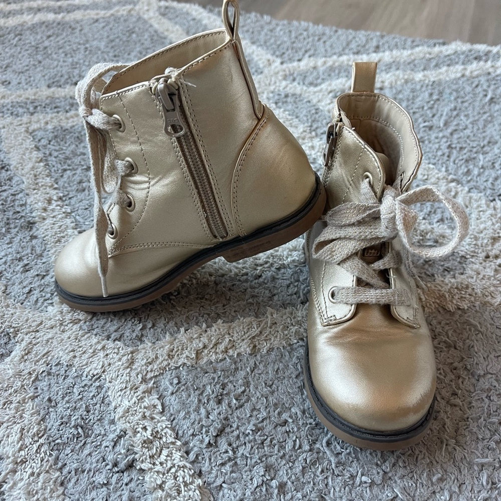 Cat & Jack Gold Ankle Boots with Lace-Up Front and Side Zipper